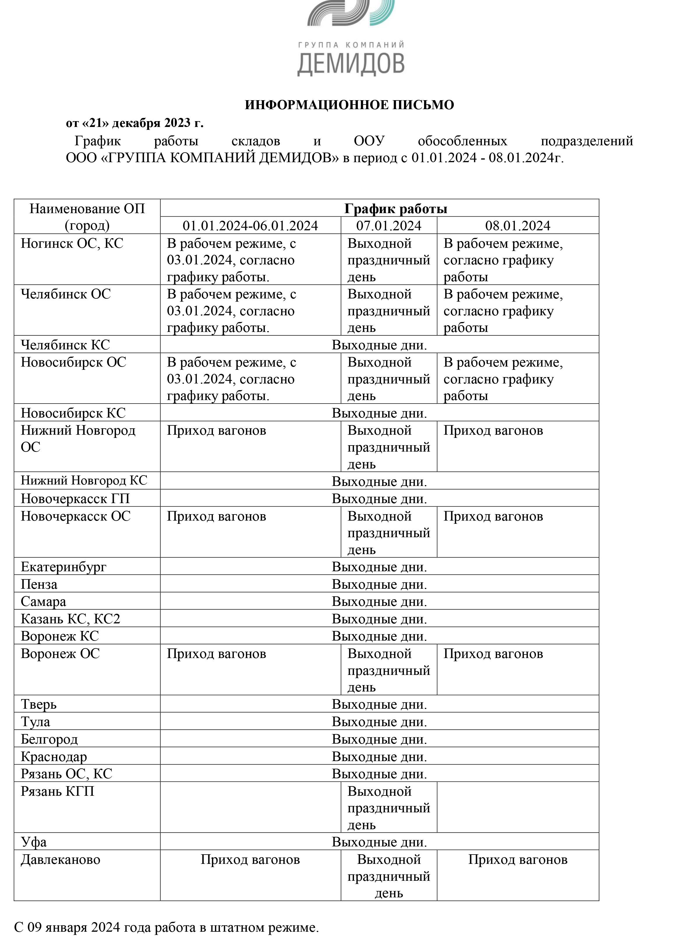 Новости компании ГК Демидов: График работы в новогодние праздники